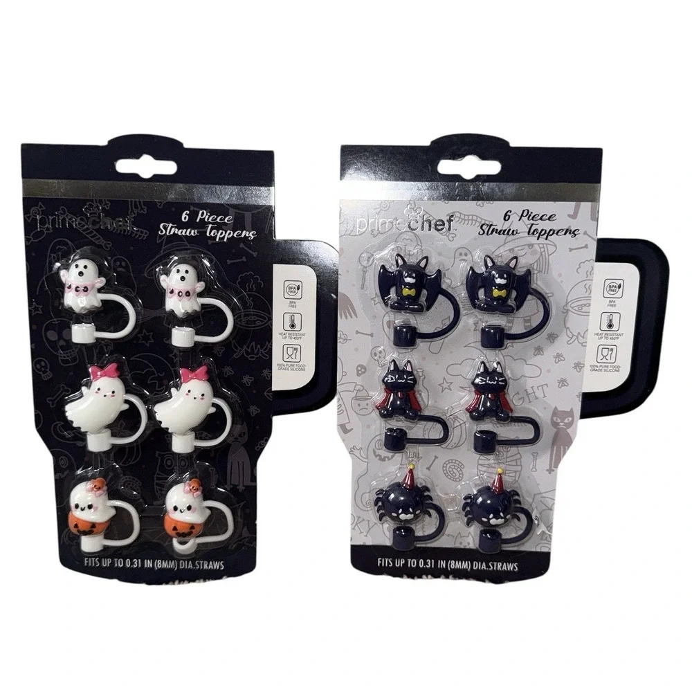 Set Of 12 Two Pack Ghost Bats Cats Straw‎ Covers Toppers Halloween New